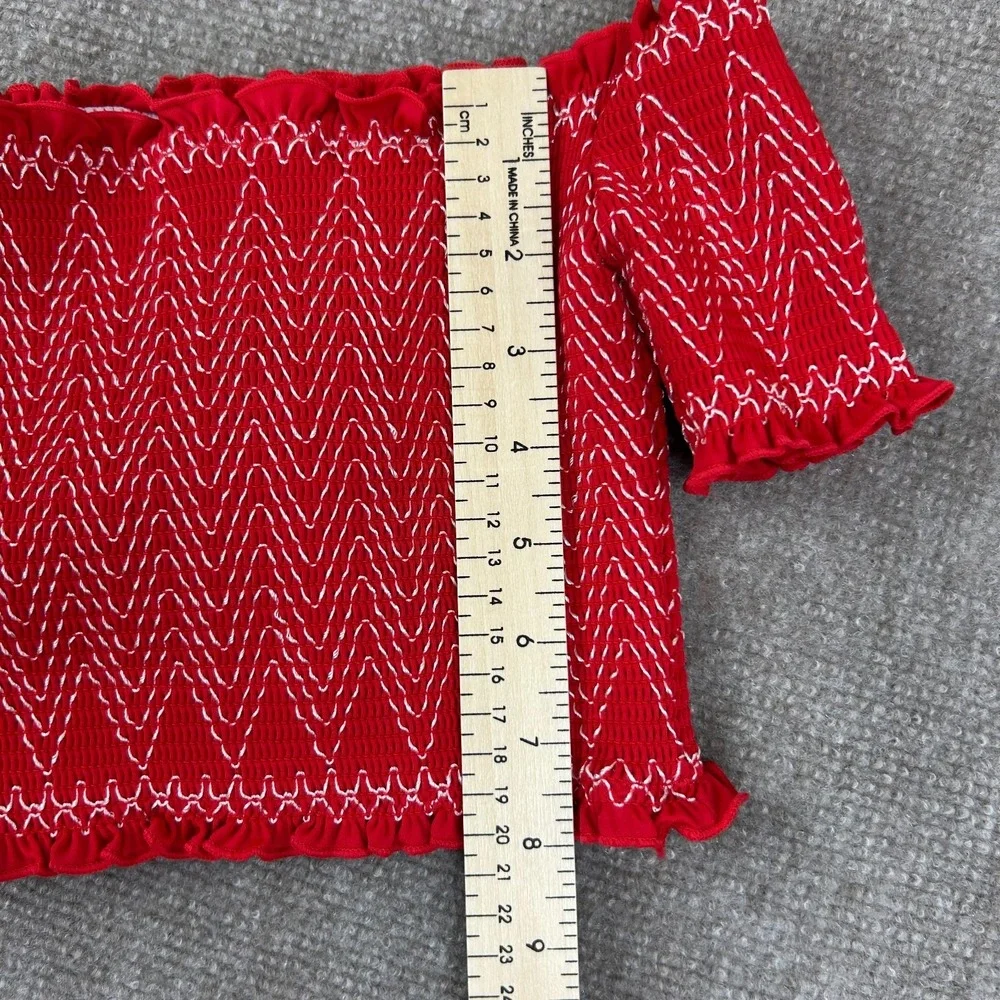Cider Bikini Top Womens L Red Chevron Smocked‎ Stretch Ruffle Trim Off Shoulder